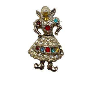 Vintage Articulated Rhinestone Folk Girl Brooch Clogs Figural 1950s Faux Pearl